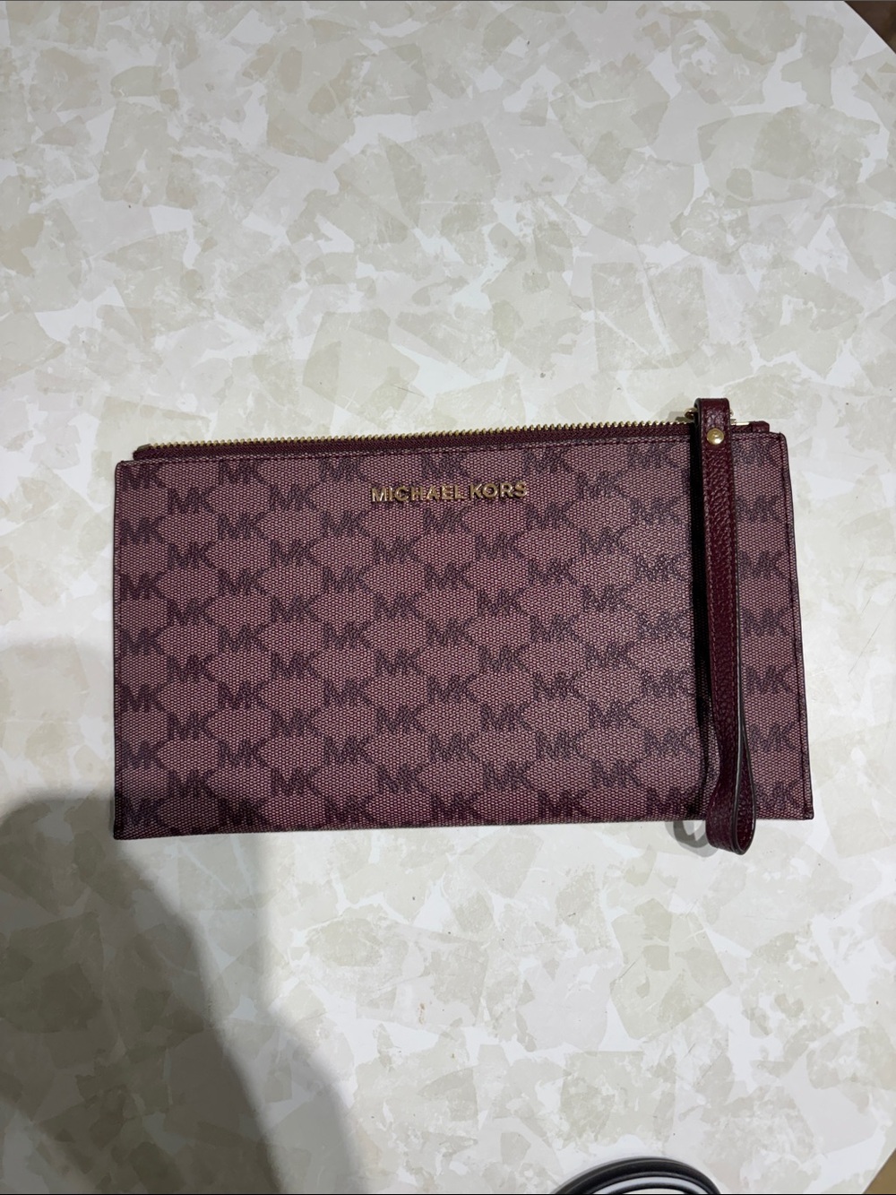 Michael Kors Wine MK Logo Wristlet Clutch with Gold Hardware